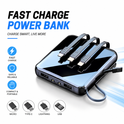 Smart 10000mAh Fast Charging Power Bank – Portable TWS & Phone Charger with Built-in Micro, Type-C, Lightning & USB Cables